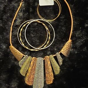 Mixed Metal Statement 17" + 3" Necklace Hops and Bangle Set - Gold Copper Silver
